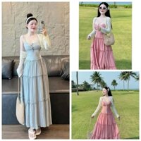 Sét Đầm maxi đi biển 2 dây lụa xước dáng dài váy dài xòe maxi kèm áo khoác ren tay dài có 2 màu