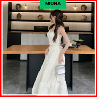 Set đầm maxi hai dây mảnh Miuna đi biển, Đầm trắng dài nhún dáng corset mùa hè cổ điển 2025 D38