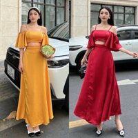 Set đầm maxi phi áo kiểu croptop 2 dây trễ bẹt vai + chân váy dài xẻ đùi đỏ vàng, thời trang nữ đi chơi biển du lịch