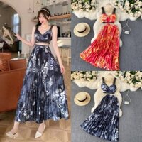 Set đầm maxi Quảng Châu áo croptop 2 dây ren phối chân váy dài dập ly họa tiết hoa lá cao cấp