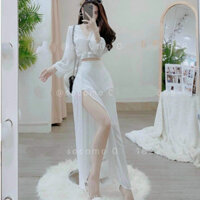 Set đầm maxi xẻ tà đi biển phong cách boho quyến rũ sang chảnh-TP 2 màu đen trắng - NPP