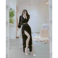Set đầm maxi xẻ tà đi biển phong cách boho quyến rũ sang chảnh-TP 2 màu đen trắng - TuanQuan