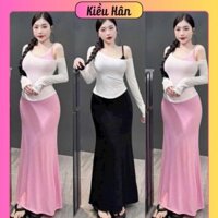 Set Đầm Maxxi Hai Dây Dáng Dài Đuôi Cá + Áo Lệch Vai Tay Dài Croptop - Nữ Women Top
