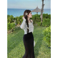 Sét đàm midi đen dây cổ yếm cúp ngực + áo croptop tròng cổ ren hạt trắng tay dài xinh xắn QC🌹🌹    SHOPBOSTORE