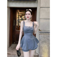 Set đầm ngắn 2 dây bảng to cổ vuông phối nơ ren, Quần short dáng ngắn Hb.closet S237