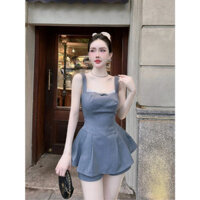 Set đầm ngắn 2 dây bảng to cổ vuông phối nơ ren, Quần short dáng ngắn Hb.closet S237