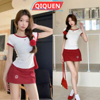 Sét đầm nữ-Áo phông trắng ôm mix với chân váy đỏ có quần bảo hộ cực dễ phối đồ