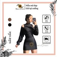 Set đầm nữ body sát nách cổ trụ kèm áo cánh dơi dài tay