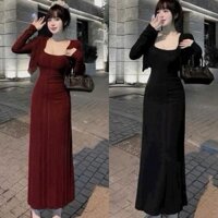 Set đầm nữ hai dây dáng dài ôm body kèm áo khoác tay dài - thun tăm thái