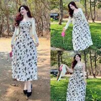 Set Đầm nữ hoa lá kèm áo khoác lưới tiểu thư dự tiệc
