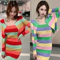 Set Đầm Ôm Kẻ Sọc Và Áo Khoác Cardigan Dệt Kim Cho Nữ