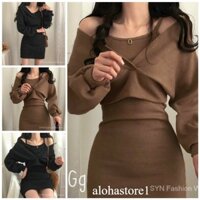 Set đầm ôm thun gân len body cổ yếm kèm áo khoác tay dài, đầm nữ 🌈🌈🌈Mk alohastore1