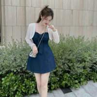 set đầm ống  Jean now ngực kèm khoác Crop Trắng
