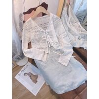 SET ĐẦM PHI XANH CỔ ĐỔ + ÁO KHOÁC REN TRẮNG