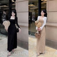 Set đầm ren body nữ cổ vuông dáng dài phối áo khoắc gân tăm mỏng cho nàng thích sự kín đáo thanh lịch
