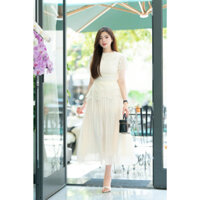 Set Đầm Ren Cổ Tròn Phối Chân Váy Xếp Ly Dáng Dài - D1016