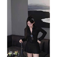 Set đầm sơ mi cổ V dài tay dáng xoè tặng kèm quần short bảo hộ