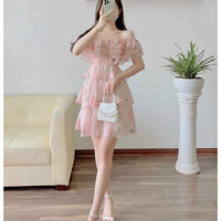 Sét đầm thời trang nữ dễ thương cuti đi chơi chất lụa trễ vai phối tai bèo ngắn mini