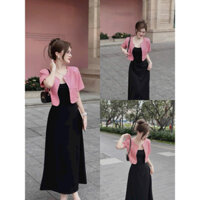SET đầm thời trang nữ mặc đi chơi chất thun tăm nhung lạnh đen 2 dây suông kèm áo khoác lennin tay ngắn màu hồng QC