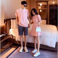 Set đầm thun đôi (Váy nữ + Áo thun nam) màu hồng cam in cánh bướm