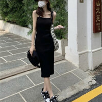 Set đầm thun len màu đen cúc trắng dài tay sang chảnh form dài qua gối