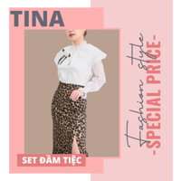 Set đầm tiệc gồm Chân váy xẻ tà kaki + Áo kiểu tay dài voan tiểu thư phối cườm, hàng QC, dáng dài qua gối thanh lịch