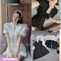 Set đầm trắng 2 dây gấm hoa kèm áo khoác croptop tay bồng xin sò 20fashion