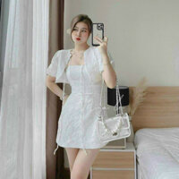 Set đầm trắng dây gấm kèm áo khoác crop
