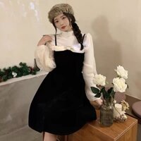 Set đầm ullzang yếm nhung nơ satin + áo tay voan phồng dễ thương cao cấp kiểu dáng mới big size Laladudu