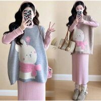 SET ĐẦM VÁY BẦU LEN NOEL THU ĐÔNG DÀI TAY GỒM ÁO NỈ IN HÌNH GẤU CUTE VÀ VÁY LEN CỔ LỌ CHẤT ĐẸP