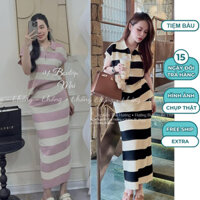 SET ĐẦM VÁY BẦU LEN QUẢNG CHÂU KẺ NGANG DÁNG SUÔNG DÀI GỒM ÁO CỔ BẺ KÉO KHÓA VÀ CHÂN VÁY DÁNG SUÔNG TRẺ TRUNG