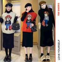 SET ĐẦM VÁY BẦU LEN THU ĐÔNG DÀI TAY NOEL DỰ TIỆC XINH GỒM VÁY CỔ LỌ DÁNG SUÔNG VÀ ÁO NỈ IN HÌNH NGỘ NGHĨNH X24