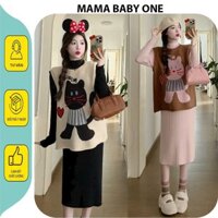Set đầm váy bầu siêu cute mùa thu đông -váy bầu len dáng dài kèm áo gile hình mèo đáng yêu mặc đi tiệc, tết,Noen X117