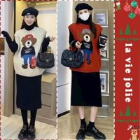 Set đầm váy bầu xinh xắn mùa thu đông thiết kế váy len dáng dài kèm áo gile in hình gấu xinh xắn phong cách trẻ X24