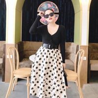 Set đầm Váy chấm bi + Áo thun đen tay dài Vintage