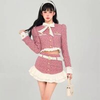 Set đầm váy dạ vest bèo đuôi cá ngắn hồng tiểu thư sang chảnh ( SẴN XS, S)