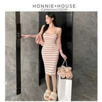set đầm váy len dệt kim kiểu sọc ngang mix choàng len cardigan