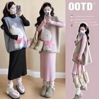 SET ĐẦM VÁY LEN SIÊU CUTE MÙA THU ĐÔNG THIẾT KẾ VÁY LEN SUÔNG DÁNG DÀI KÈM ÁO NỈ HÌNH THỎ YÊU X22