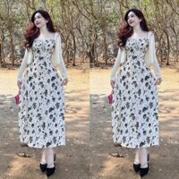 Set Đầm Váy Maxi 2 Dây Lụa Hoa Phối Áo Khoác Nàng Thơ Dịu Dàng Dạo Phố BY7118