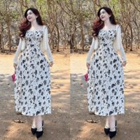Set đầm váy nữ 2 dây lụa hoa maxi phối với áo khoác ngoài nhẹ nhàng, xinh xắn dành cho các nàng diện đi chơi, đi biển