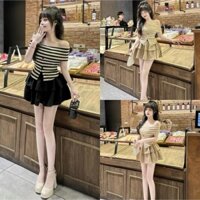 Sét đầm váy nữ áo kiểu sọc ngang,trễ vai ,tà nhọn mix chân váy xòe tầng với tone màu xinh xắn dành cho các nàng đi chơi.