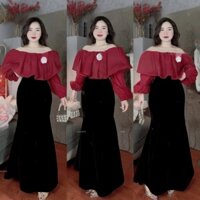 Sét đầm váy nữ áo kiểu trễ vai tay bồng mix chân váy Nhung xòe dài tôn dáng dành diện đi tiệc , đi chơi siêu sang.