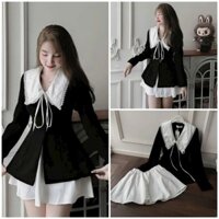 Sét đầm váy nữ áo Mango tay dài, cổ phối mix chân váy xòe ngắn với tone màu basic dành cho các nàng