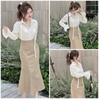 Sét đầm váy nữ áo sơ mi tay dài phối bèo mix chân váy ôm xòe đuôi cá với tone màu nhẹ nhàng