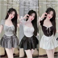 Sét đầm váy nữ áo tay ngắn mix nơ phối chân váy xòe dễ thương dành cho các nàng mặc đi chơi, cafee cà pháo siêu xinh.