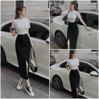 Set đầm váy nữ áo thun cổ tròn, tay ngắn phối chân váy suông dài xẻ tà trước với tone màu trầm dành cho các nàng đi chơi