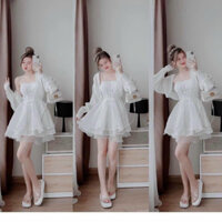 Sét đầm váy nữ hai dây, đan eo mix dáng váy xòe tầng mix kèm áo khoác ngoài với tone màu trong trẻo diện đi chơi,đi tiệc