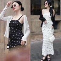 Set Đầm Váy Nữ Thun Ren Tầng In Nơ Kèm Áo Khoác Tay Dài Thun Tăm Lạnh Nhẹ Nhàng Xinh Xắn