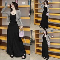 Sét đầm váy nữ váy hai dây mix dáng suông dài phối kèm áo khoác ngoài điệu đà với tone màu trầm dành cho các nàng xinh.