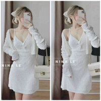 Set đầm váy nữ váy hai dây xoắn ngực mix dáng váy chữ A ngắn kèm khoác croptop ngoài nhẹ nhàng dành cho các nàng đi chơi